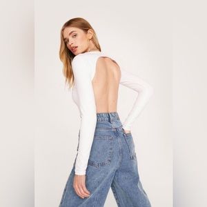 Nasty Gal Long Sleeve Open Back High Leg Bodysuit White NWT Size 10